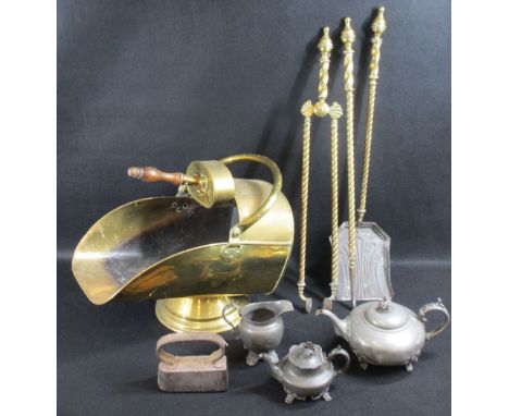 VINTAGE BRASS COAL SCUTTLE WITH SCOOP, set of twist brass fire irons, pewter teaware ETC