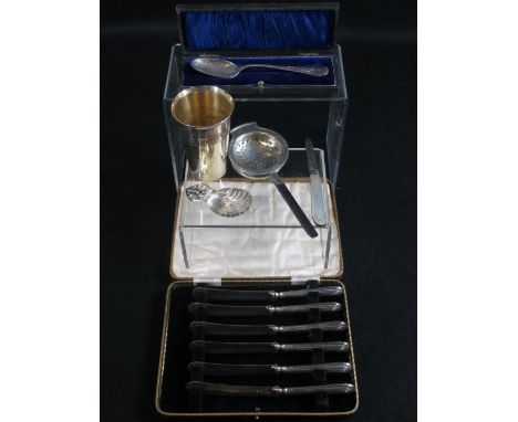 HALLMARKED SILVER, EPNS and other items of metalware, a mixed collection to include a silver tea strainer with ebony handle, 