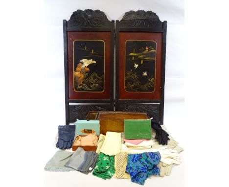 ANTIQUE OAK SLIDE-OFF LIDDED BOX &amp; CONTENTS &amp; A JAPANESE TWO-FOLD FIRE SCREEN with lacquer work and shibayama type pa