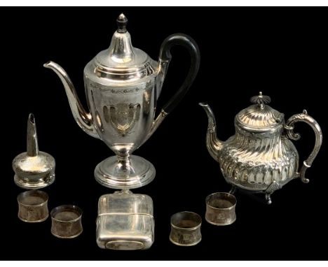 SILVER PLATED WARE - a collection to include a bright cut Georgian style coffee pot, Rococo teapot, two-part wine funnel, fou