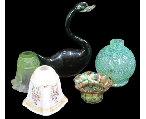 DECORATIVE VINTAGE GLASSWARE, five items to include a Monart style globular vase, iridescent Loetz style bowl, two moulded gl