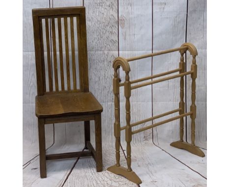 VINTAGE OAK HIGH BACK HALL CHAIR, 102cms H, 42cms W, 36.5cms D the seat and a modern light wood effect towel rail, 77.5cms H,