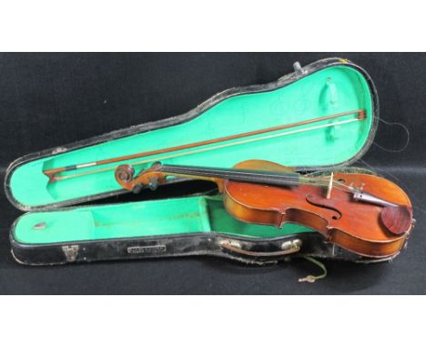 VINTAGE VIOLIN &amp; BOW IN CASE - 59cms overall L, 36cms length of back