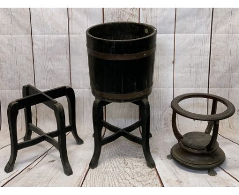 OAK BARREL PLANTER ON STAND, 80cms H, 40cms diameter along with a further stand and a Georgian planter for restoration