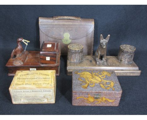TREEN &amp; OTHER COLLECTABLES GROUP - a Black Forest style dog double inkwell/pen stand, pokerwork lidded box, chapel collec