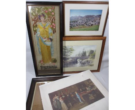SILK &amp; PAINTED PANEL with a quantity of pictures and prints, the panel titled 'Then came the Autumn all in yellow clad la