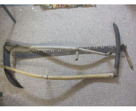 VINTAGE SCYTHES and a two-man log saw, 155 and 145cm approximate lengths