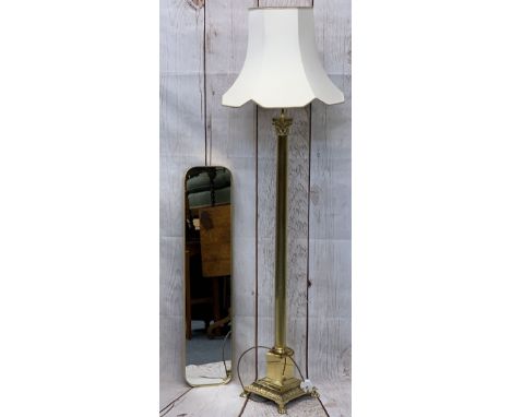 ANTIQUE STYLE CORINTHIAN CAP BRASS STANDARD LAMP WITH SHADE and a gilt framed modern wall mirror,&nbsp; 169cms overall H and 