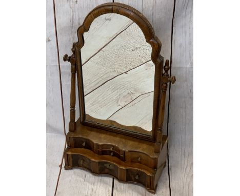 QUEEN ANNE STYLE WALNUT SERPENTINE FRONT DRESSING MIRROR - with shaped moulding on turned supports over a base section of fou