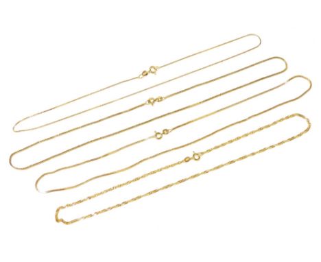 Four 18ct gold neck chains, each on bolt ring clasps, 14.1g all in. 