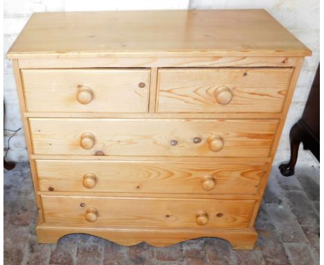 A pine chest of drawers, the top with a moulded edge above two short and three long drawers, raised on bracket feet, 87cm wid