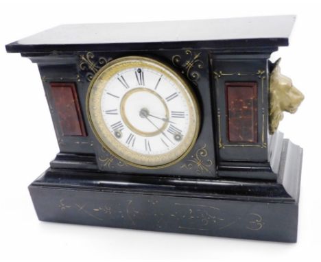 A Victorian slate and marble mantel clock, with Roman numeric enamel dial, eight day movement, the case of typical architectu