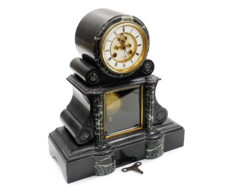 A 19thC black slate and green marble mantel clock, the enamel Roman numeric dial with brass chapter ring, for Plonquet Paris,