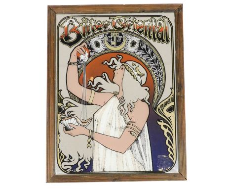An advertising mirror, The Bitter Oriental, depicting a woman in Art Nouveau style, 60cm x 44cm. 