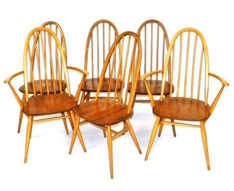 A set of six Ercol beech and elm Quaker back dining chairs, model 365, comprising a pair of carvers and four single chairs.