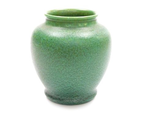 A Pilkington Royal Lancastrian pottery vase, of circular form with a flared rim, mottle green glaze, impressed marks and numb