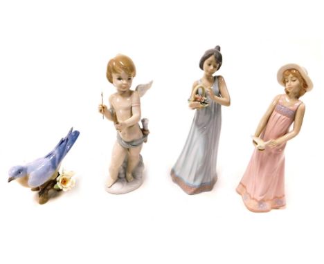 A Lladro porcelain figure of Cupid's Arrow, another of Sweet Sounds of Morning, and two Nadal collection figures of ladies, a