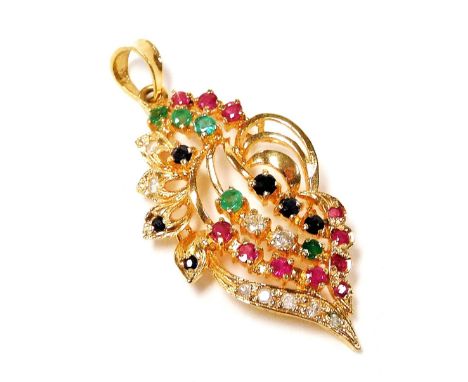 A diamond, ruby, sapphire and emerald pendant, of leaf form, set in yellow metal, with a ring suspension, 3g.