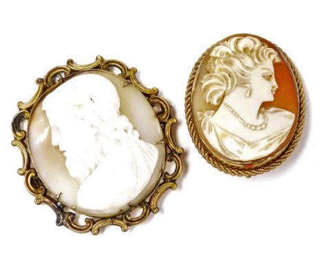 A 9ct gold and shell cameo brooch, bust portrait of a lady, in an oval frame, with safety chain as fitted, together with a Vi