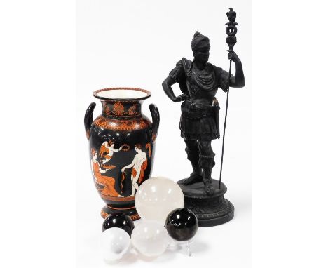 A Victorian spelter figure modelled as a Roman centurion, 35.5cm high, together with a Victorian etruscan ware type porcelain