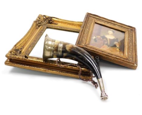 A silver plate mounted hunting horn, 31cm wide, gilt wall mirror inset bevelled glass, 37cm x 31cm, and a giltwood and gesso 