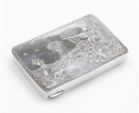 A Victorian silver snuff or patch box of hunting interest, of rectangular form, the hinged lid bright cut decorated depicting