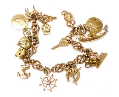 A 9ct gold fancy link charm bracelet, with sixteen charms as fitted, on a bolt ring clasp, 33.3g all in.