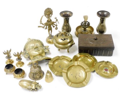 An Arts &amp; Crafts cast iron box by Hugo Berger Goberg, 15.5cm wide, Chinese brass incense burner, World War I trench art b