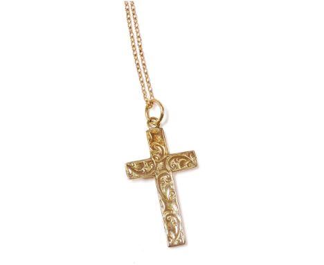 A 9ct rose gold cross pendant, foliate engraved, on a belcher link neck chain, 3.3g. 