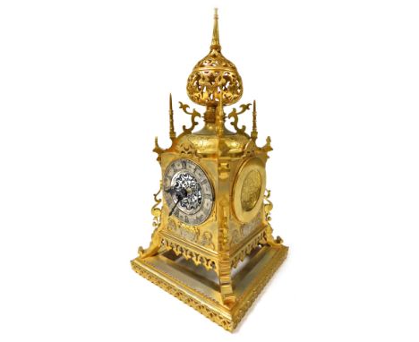 A late 19thC French brass mantel clock, by Vincent &amp; Cie, for Aubert and Company, circular silvered dial with chapter rin