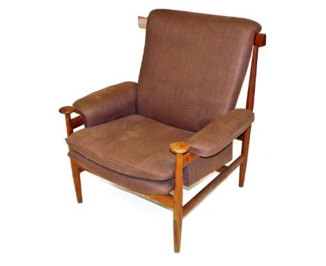 A Finn Juhl teak Bwana lounge chair, model 152, for France and Son circa 1960's, upholstered in brown draylon, 86cm wide. 