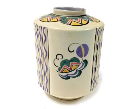 A Carter Stabler Adams Poole pottery vase, of fluted cylindrical form, painted with abstract flowers and wavy lines, seal mar