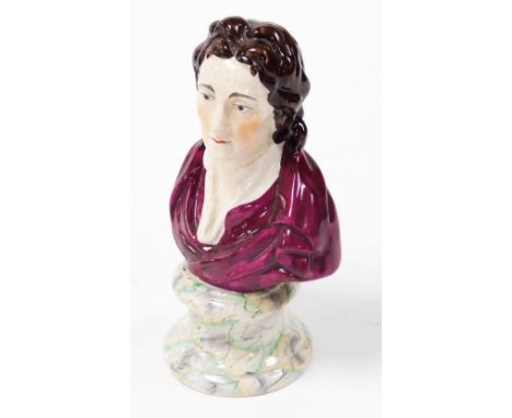 A late 19thC William Kent pottery bust of John Locke, modelled in a red tunic, on a simulated marble base, 20cm high. 