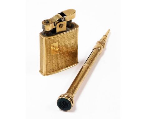 A Sampson Mordan and Company gold plated propelling pencil, with a monogrammed seal terminal, together with a gold plated poc