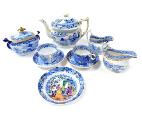 A group of early 19thC Miles Mason blue and white teawares, chinoiserie decorated, seal mark, comprising a teapot, sucrier, p