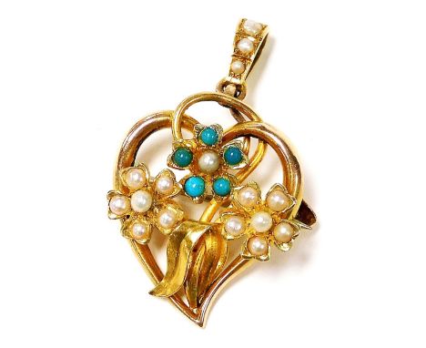 A 15ct gold seed pearl and turquoise pendant brooch, of leaf and triple floral form, 4.2g. 