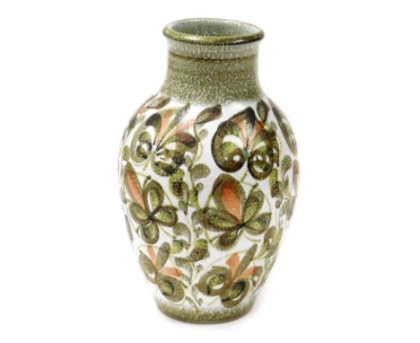 A Denby Glyn Colledge design pottery vase, of shouldered ovoid form, painted with flowers, impressed and printed marks, 28cm 