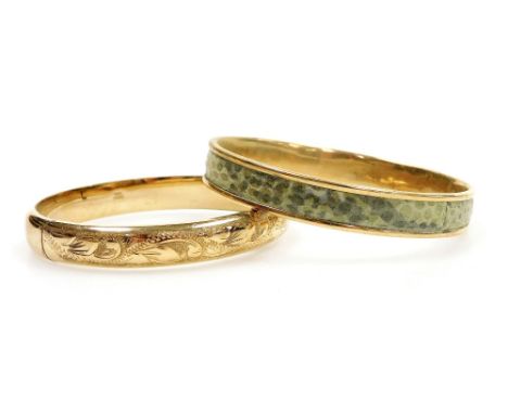 A rolled gold hinged bangle, foliate engraved, on a snap clasp, together with a rolled gold and snake effect bangle, stamped 