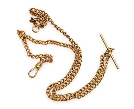 A 9ct gold curb link Albert chain, with T bar as fitted, on a lobster claw clasp, 45cm wide, 14.3g. 