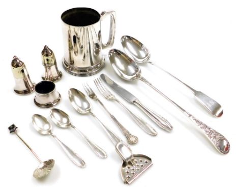 A group of plated wares, to include a Victorian basting spoon, the handle intricately decorated, a Fiddle pattern basting spo