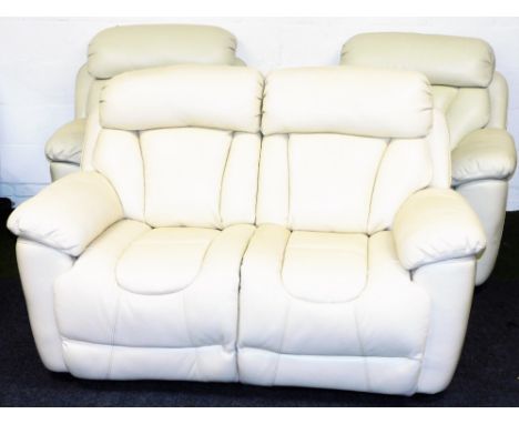 A cream leather electric recliner three piece suite, comprising two seater sofa 166cm wide, and a pair of armchairs, each 108