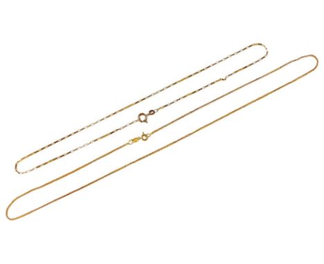 Two 9ct gold neck chains, each on bolt ring clasps, 4.7g. 