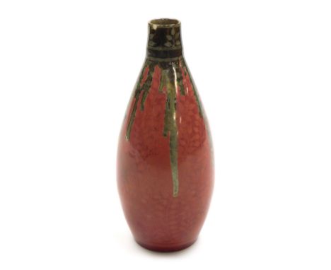 A Pilkington Royal Lancastrian pink and silver lustre pottery vase, of elongated cylindrical form, impressed marks and number