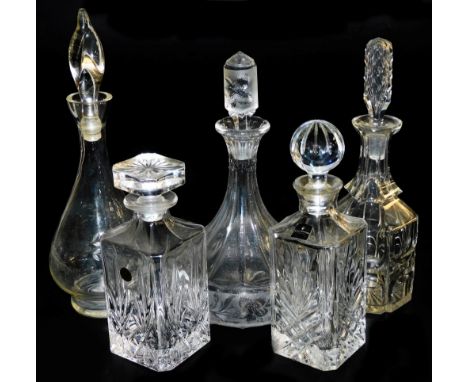 Five cut glass decanters and stoppers, including a Royal Doulton square cut glass decanter, and an RCR square cut glass decan