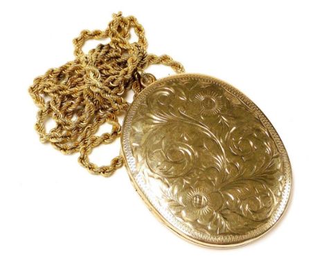 A 9ct gold oval photo locket, floral and foliate engraved, on a rope twist neck chain, with a bolt ring clasp, 35.7g.