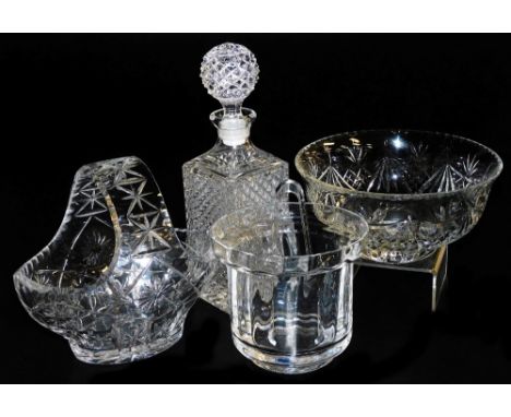 A Dartington Crystal ice bucket and tongs, Edinburgh Crystal basket decanter and stopper, and a fruit bowl, all boxed. (4)