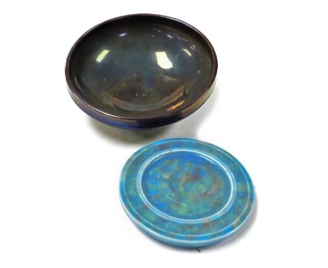 A Carter Stabler Adams Limited Poole purple lustre bowl, seal mark, 21cm wide, together with a Carter Poole London blue glaze