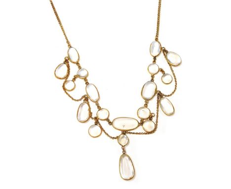 An Aurea moonstone necklace, on a yellow metal chain with a bolt ring clasp, 35cm wide.