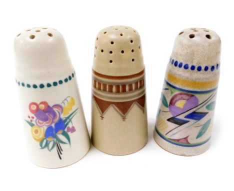 Three Poole pottery flower sifters, one traditionally painted with flowers, another with geometric flowers, the third with ge