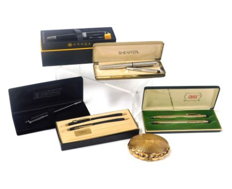 A group of Cross ballpoint pens, to include a Cross Cunard black and steel cased pen, boxed, a pair of Cross Weston Gear Corp